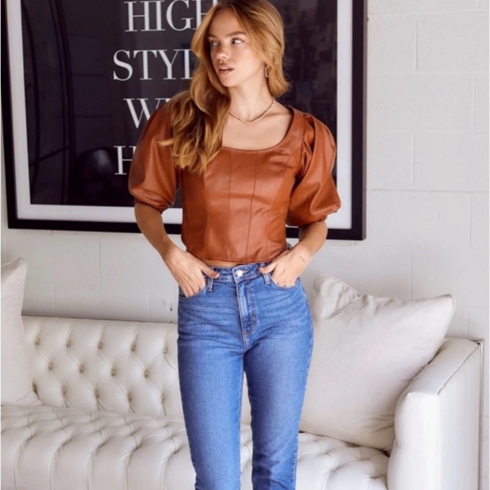 Do + Be Faux Leather Puff Sleeve Corset Top (Size Small)